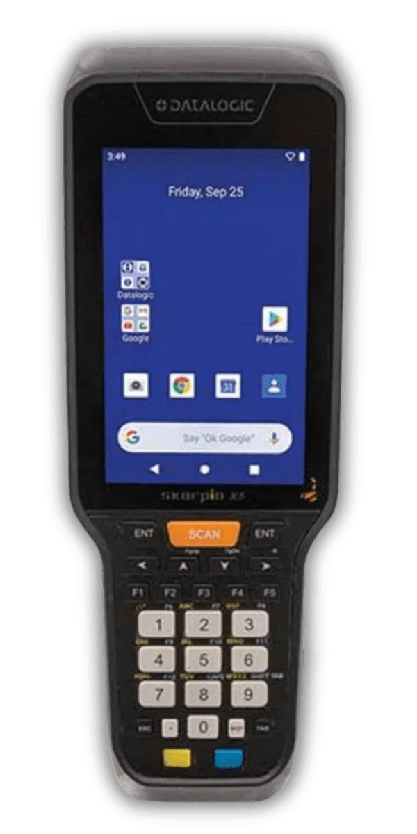 Kolektor danych Datalogic Skorpio X5 — widok z przodu, ekran 4.3 cala z klawiaturą funkcyjną i skaner 2D