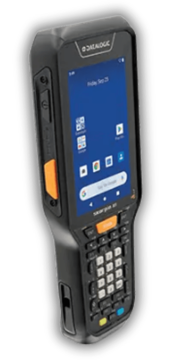 Kolektor danych Datalogic Skorpio X5 Pistol Grip — widok z boku, uchwyt pistoletowy ze spustem i bateria rozszerzona