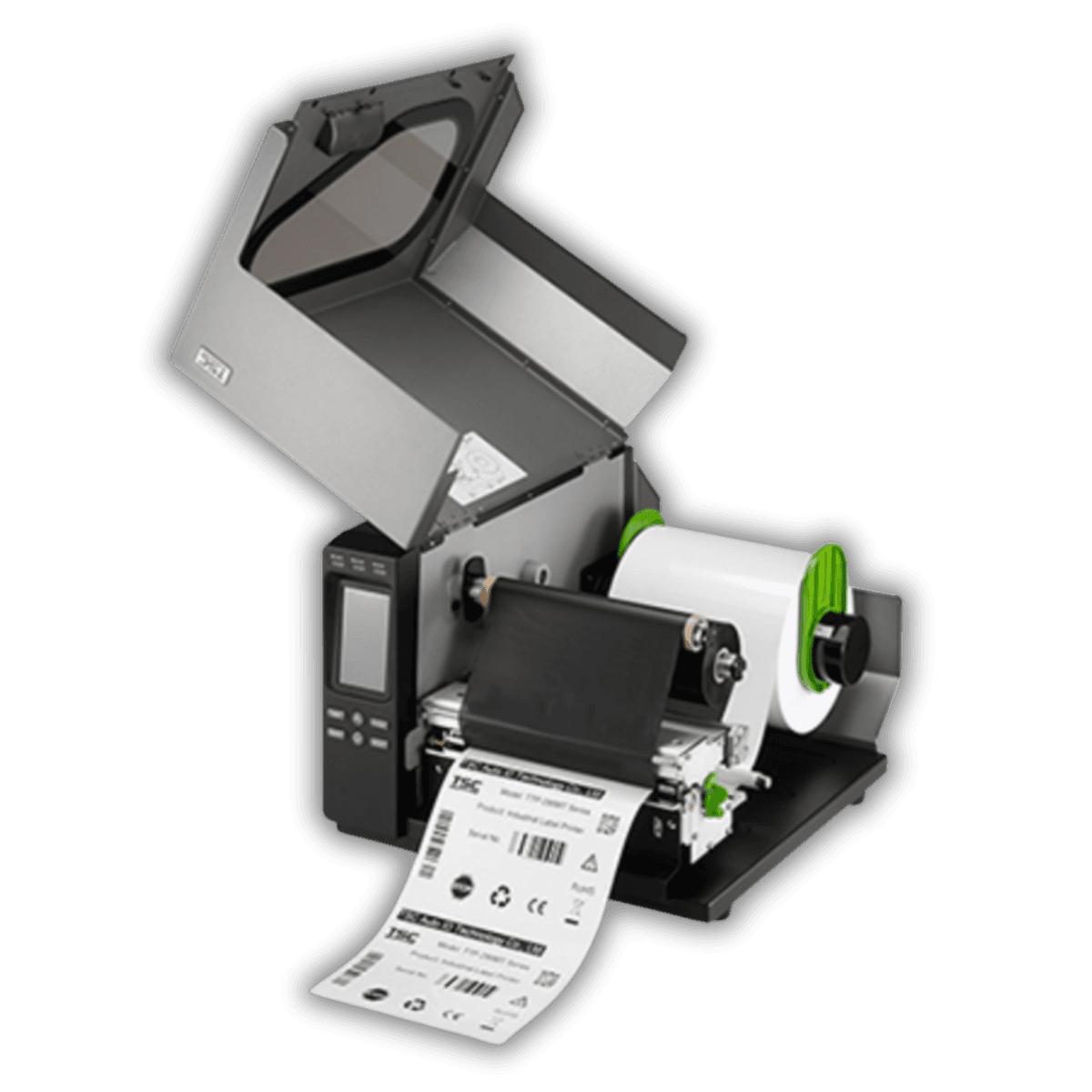 TSC TTP-286MT — widok z boku, otwarty mechanizm drukujący z komorą na rolkę etykiet 8,2" OD