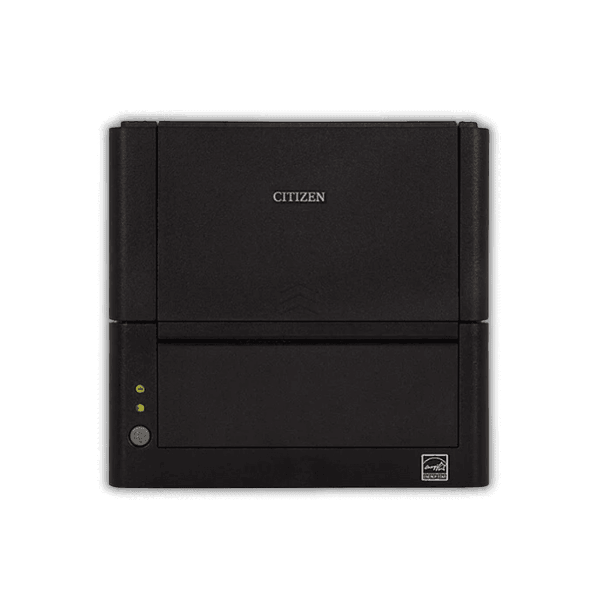 Citizen CL-E321 — widok z przodu, kompaktowa drukarka termotransferowa biurkowa 4 cale w czarnej obudowie