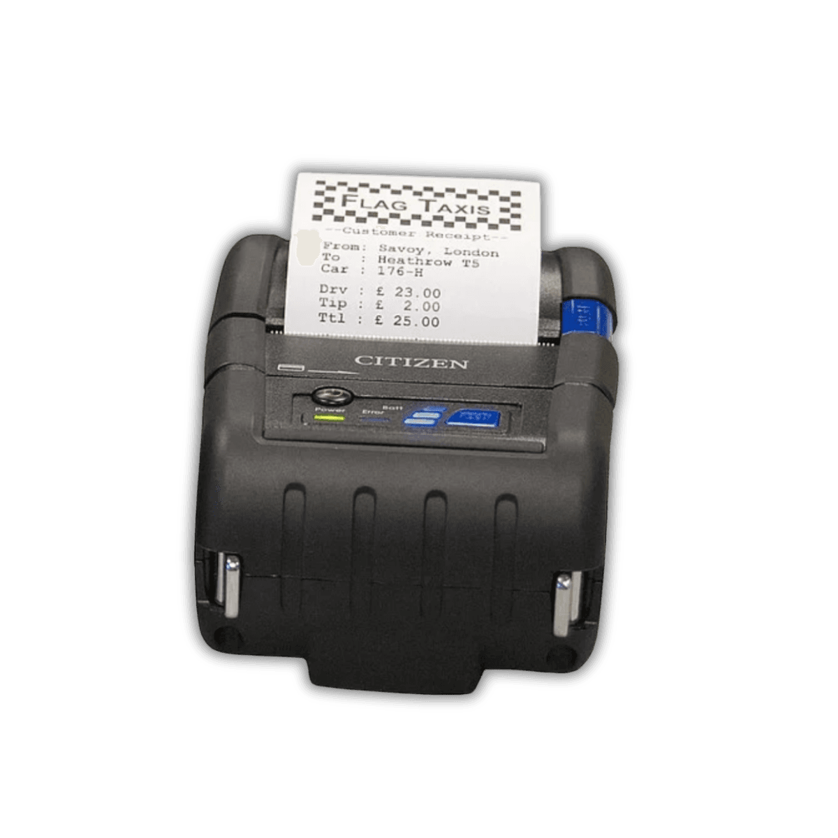Citizen CMP-20II — widok z tyłu, porty USB i RS-232 Mini DIN, gniazdo baterii