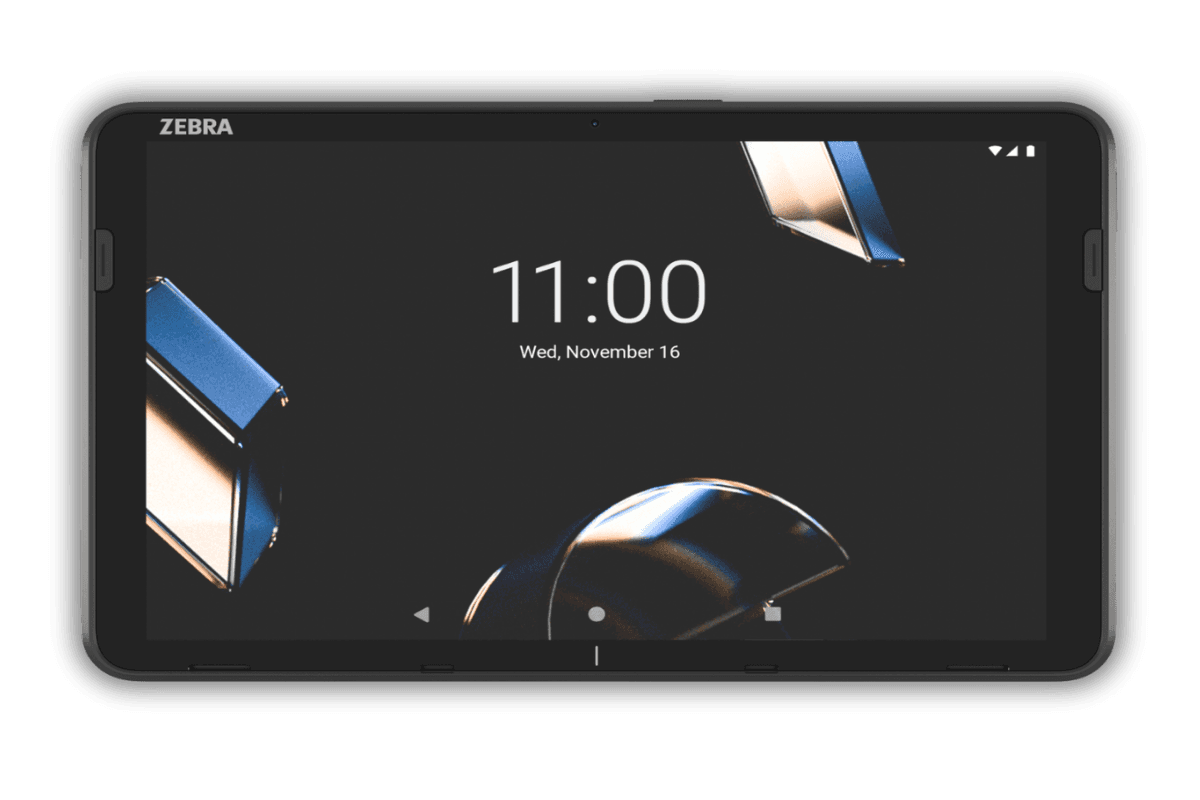 Zebra ET401 — widok z przodu, ekran 10 cali w orientacji poziomej z zegarem na wyświetlaczu