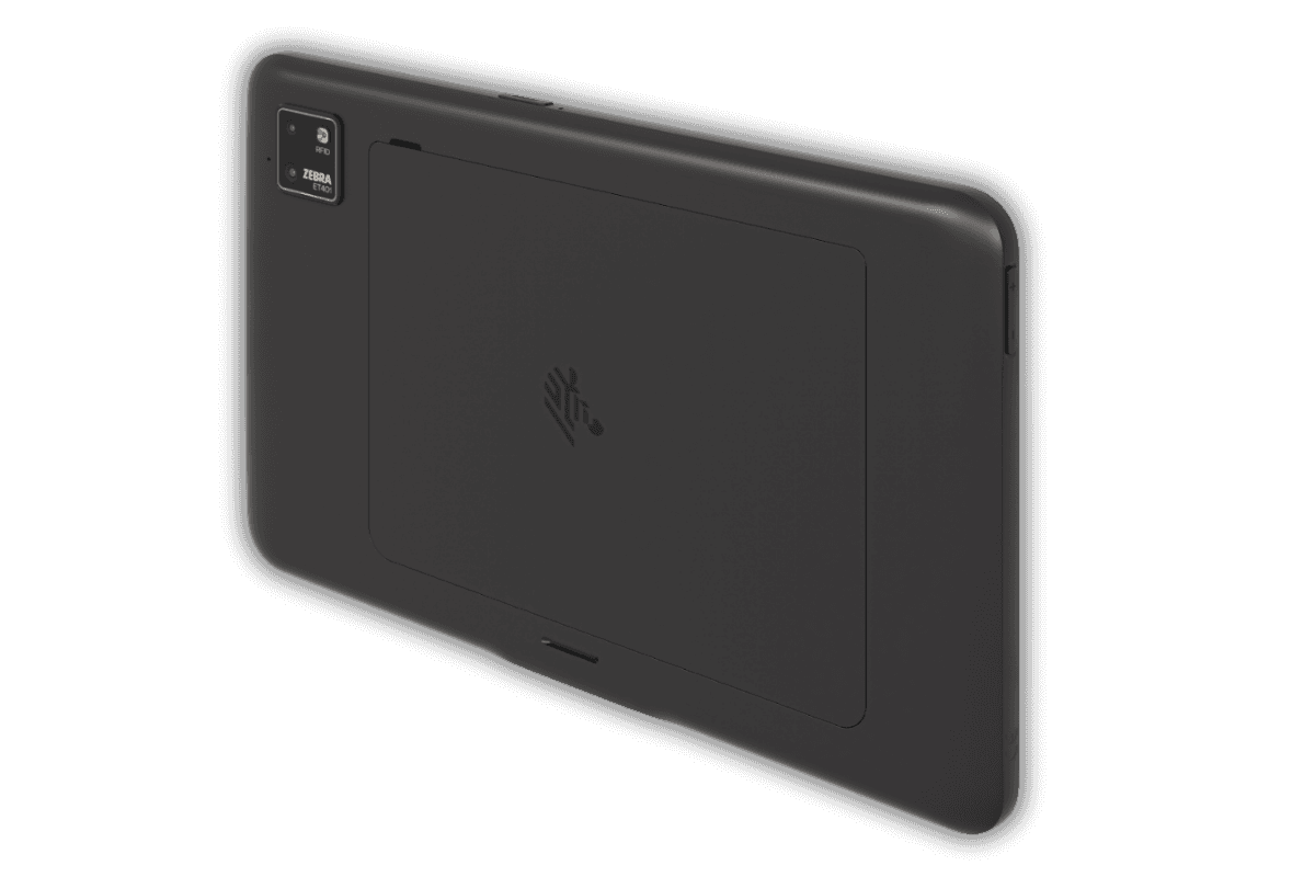 Zebra ET401 — tył tabletu pod kątem z lewej, kamera 16 MP i logo Zebra