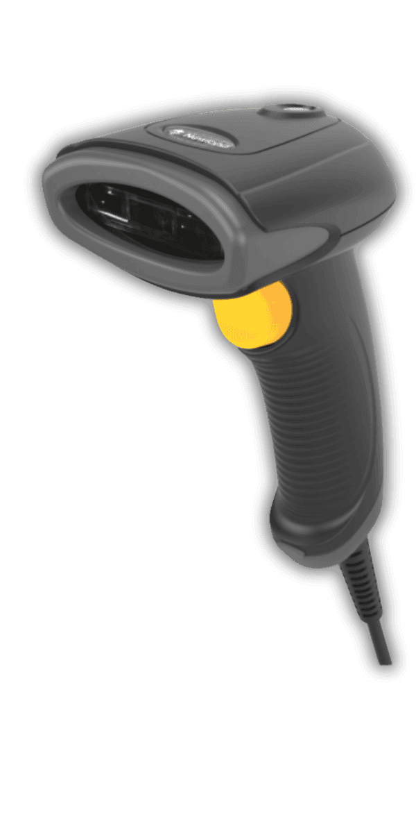 Newland HR11 Aringa — widok z przodu i boku, szaro-czarna obudowa z żółtym przyciskiem skanowania i oknem CCD