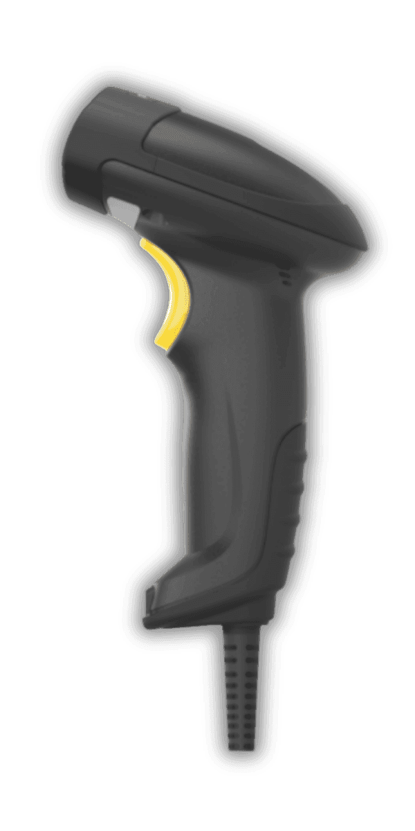 Newland HR15 Wahoo — widok z boku, ergonomiczny uchwyt pistoletowy z żółtym triggerem i kabel USB