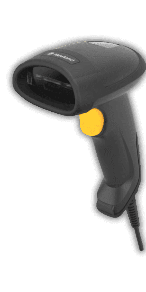 Newland HR15 Wahoo — widok z przodu, ciemnoszara obudowa z oknem skanera CCD i żółtym przyciskiem skanowania
