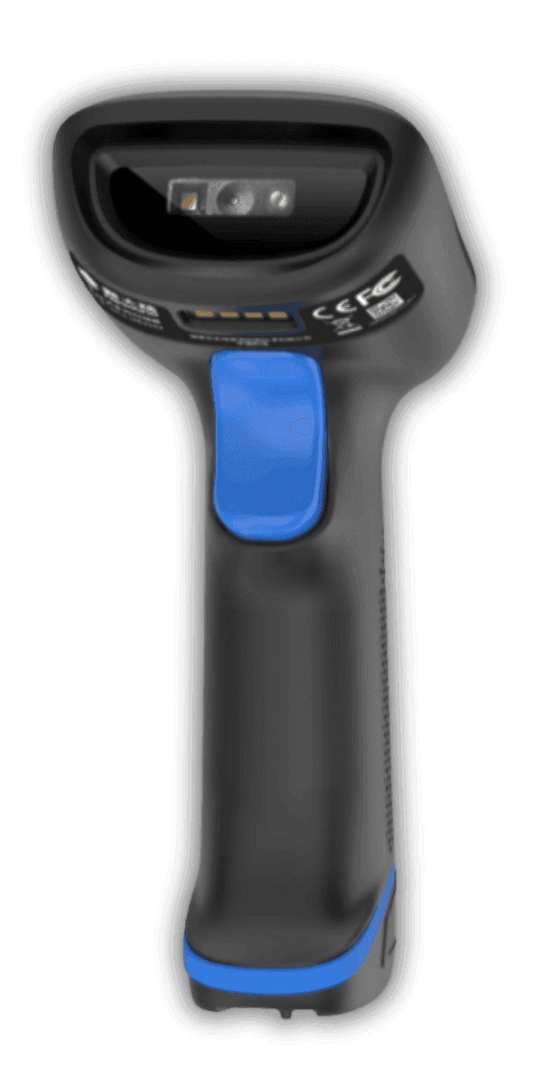 Newland HR23 Dorada Bluetooth — widok z przodu, czarna obudowa z niebieskim przyciskiem skanowania i oknem sensora CMOS 2D