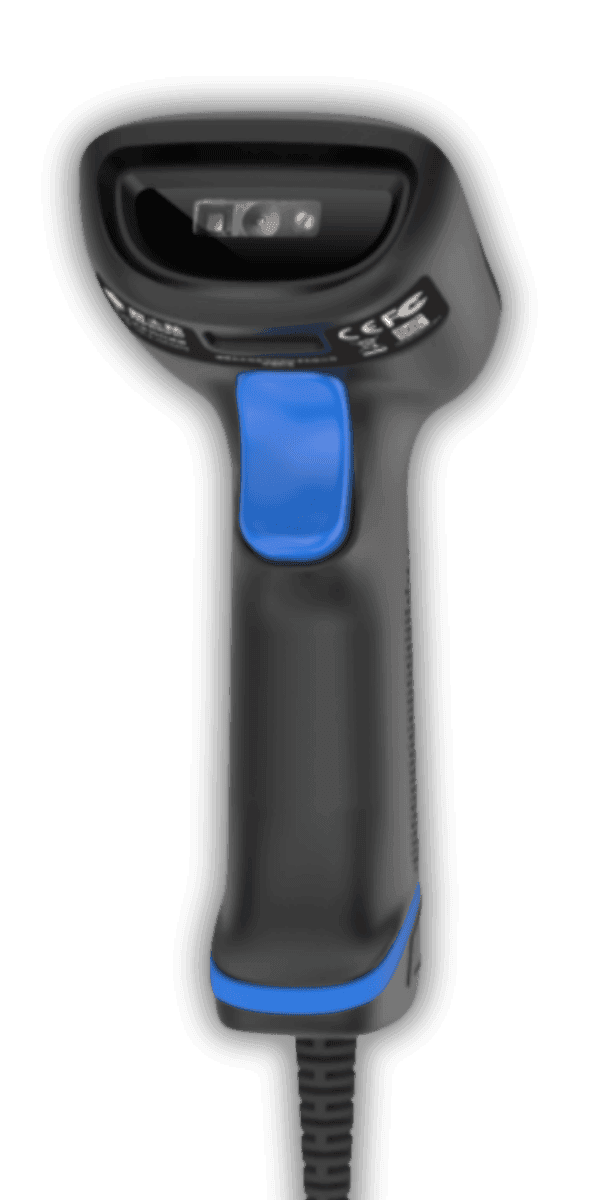 Newland HR23 Dorada — widok z przodu, okno skanera 2D CMOS i niebieski przycisk skanowania