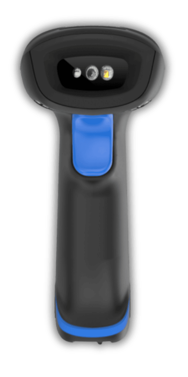 Newland HR33 Marlin Bluetooth — widok z przodu, czarna obudowa z niebieskim przyciskiem skanowania, okno megapikselowego sensora CMOS i celownik laserowy