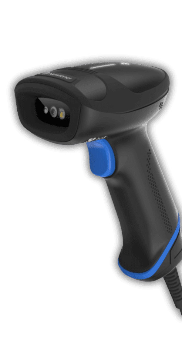 Newland HR33 Marlin — widok z boku, ergonomiczny uchwyt z niebieskim akcentem i kabel spiralny