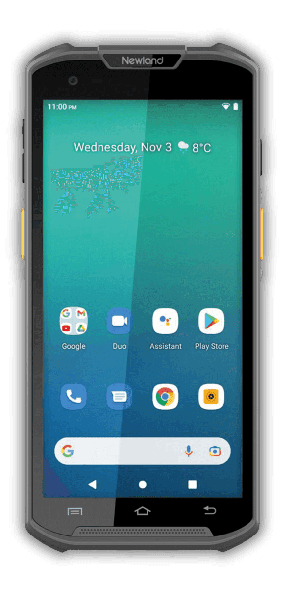 Newland MT93 Megattera Standard — terminal mobilny 5.5 cala z ekranem Android 13, skanerem 2D pod kątem 45° i żółtymi przyciskami skanowania