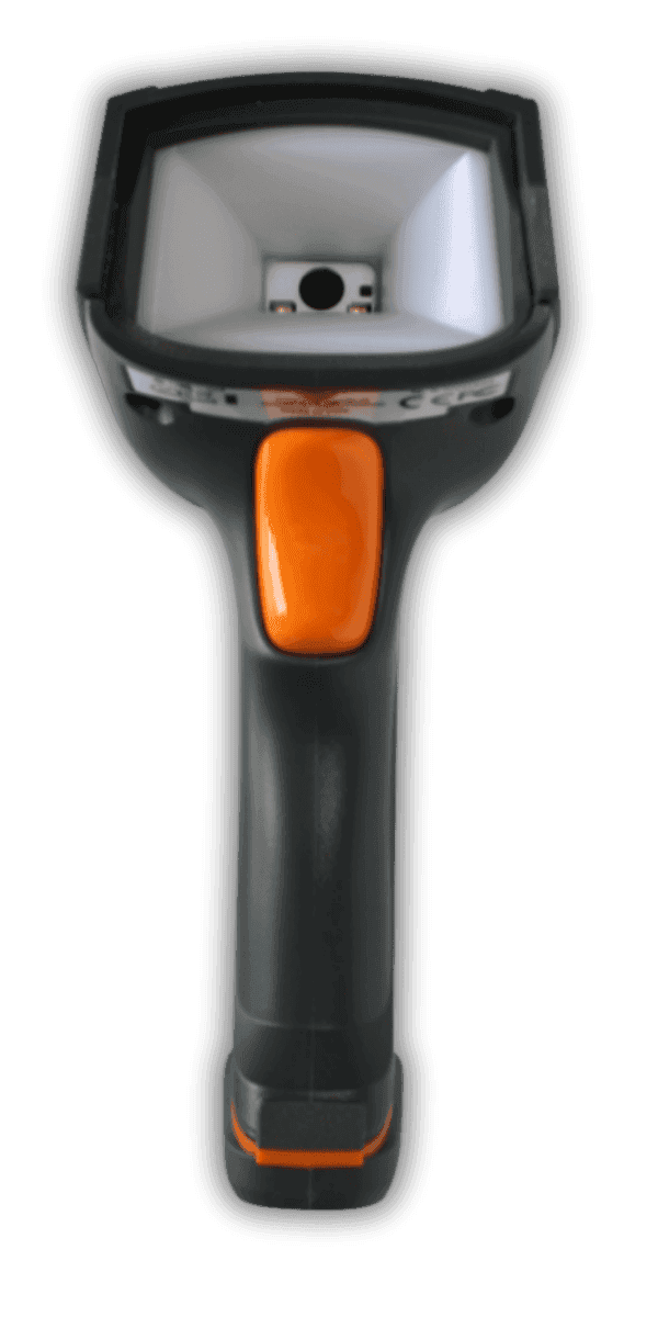 Newland NVH300 Angler DP — widok z przodu, czarno-pomarańczowa obudowa przemysłowa z szerokim oknem skanera DPM i pomarańczowym przyciskiem trigger