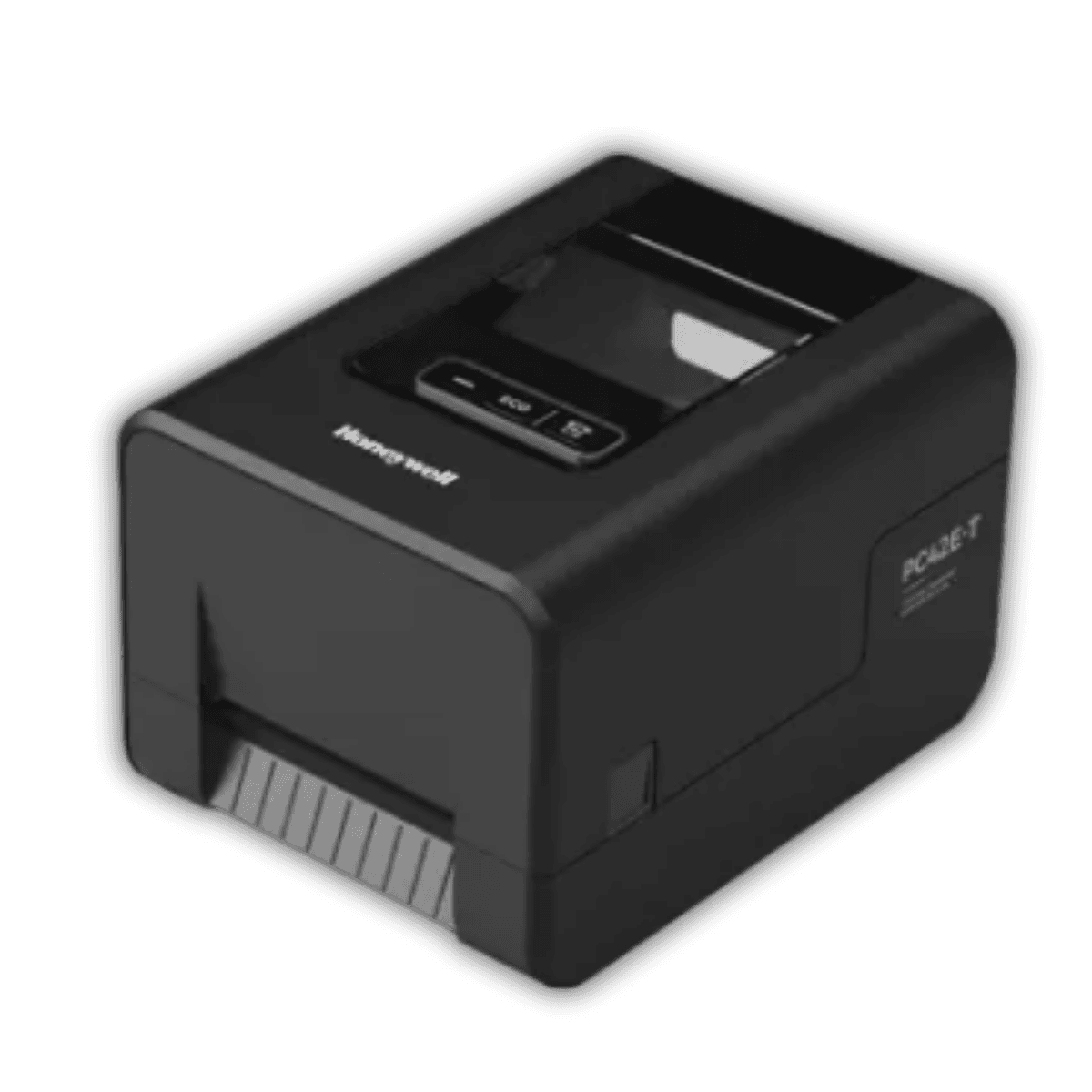 Honeywell PC42E-T — widok pod kątem, otwarta pokrywa z komorą mediów i ribbonu