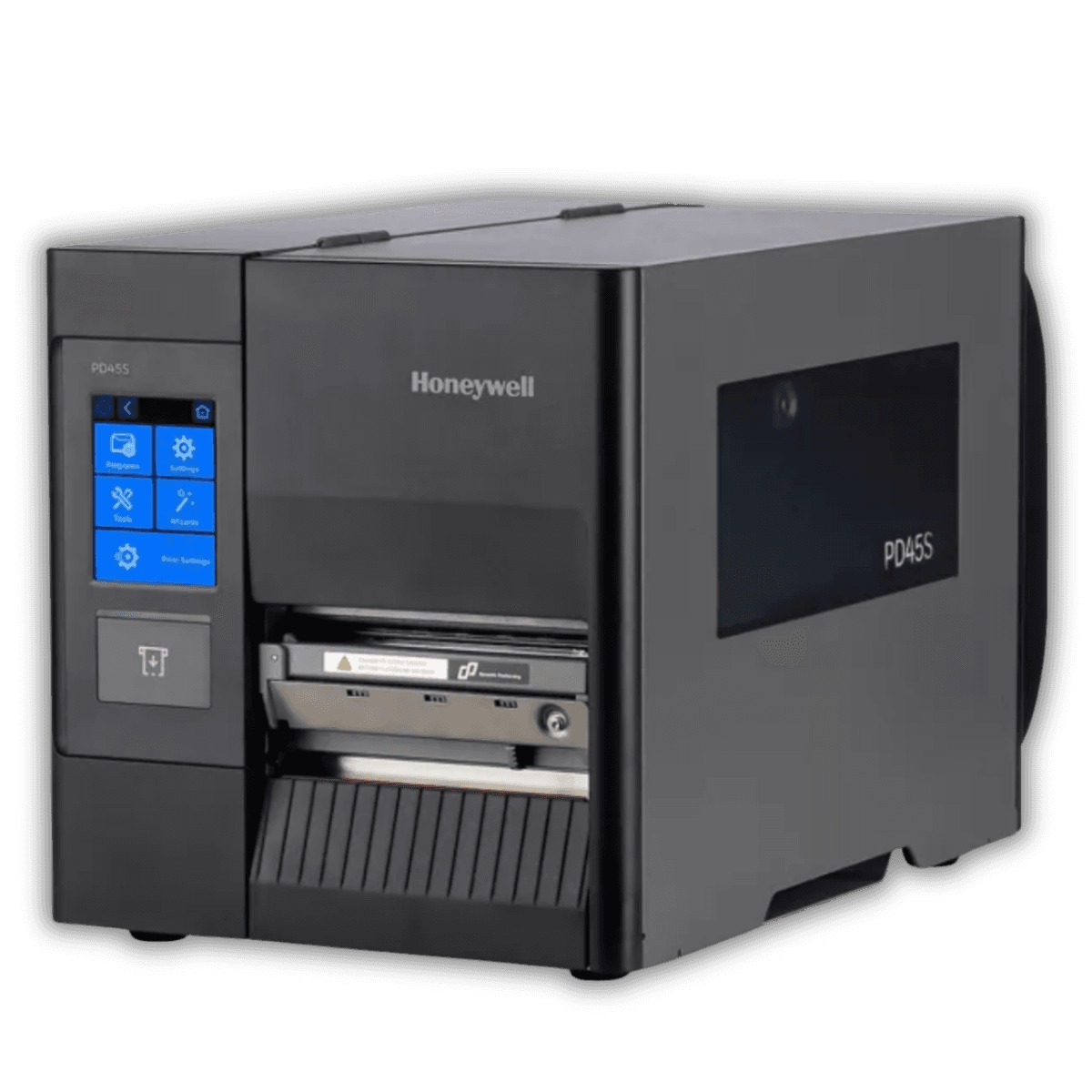 Honeywell PD45 — widok pod kątem, otwarta pokrywa mediów i ribbonu