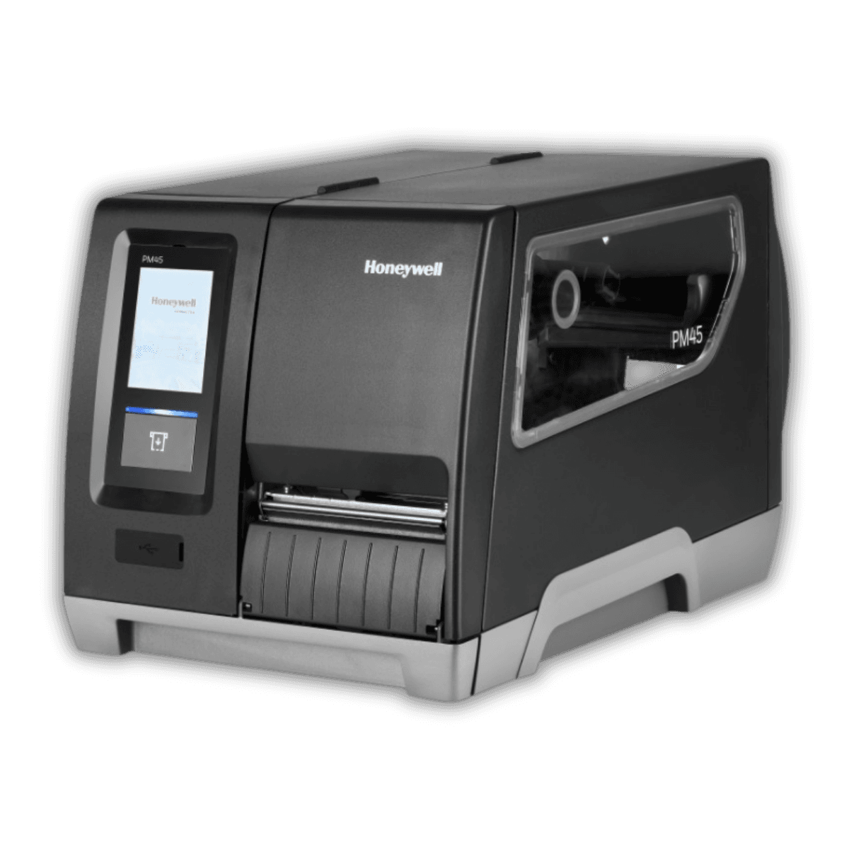 Honeywell PM45 — widok pod kątem, otwarta pokrywa mediów i ribbonu