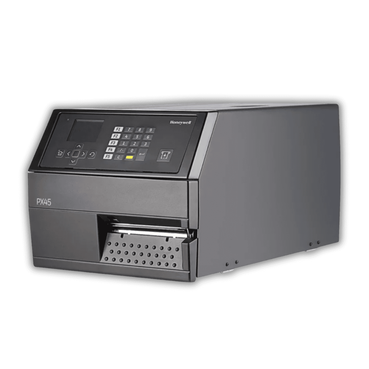 Honeywell PX45 — drukarka przemysłowa premium, widok z przodu z wyświetlaczem LCD i klawiaturą