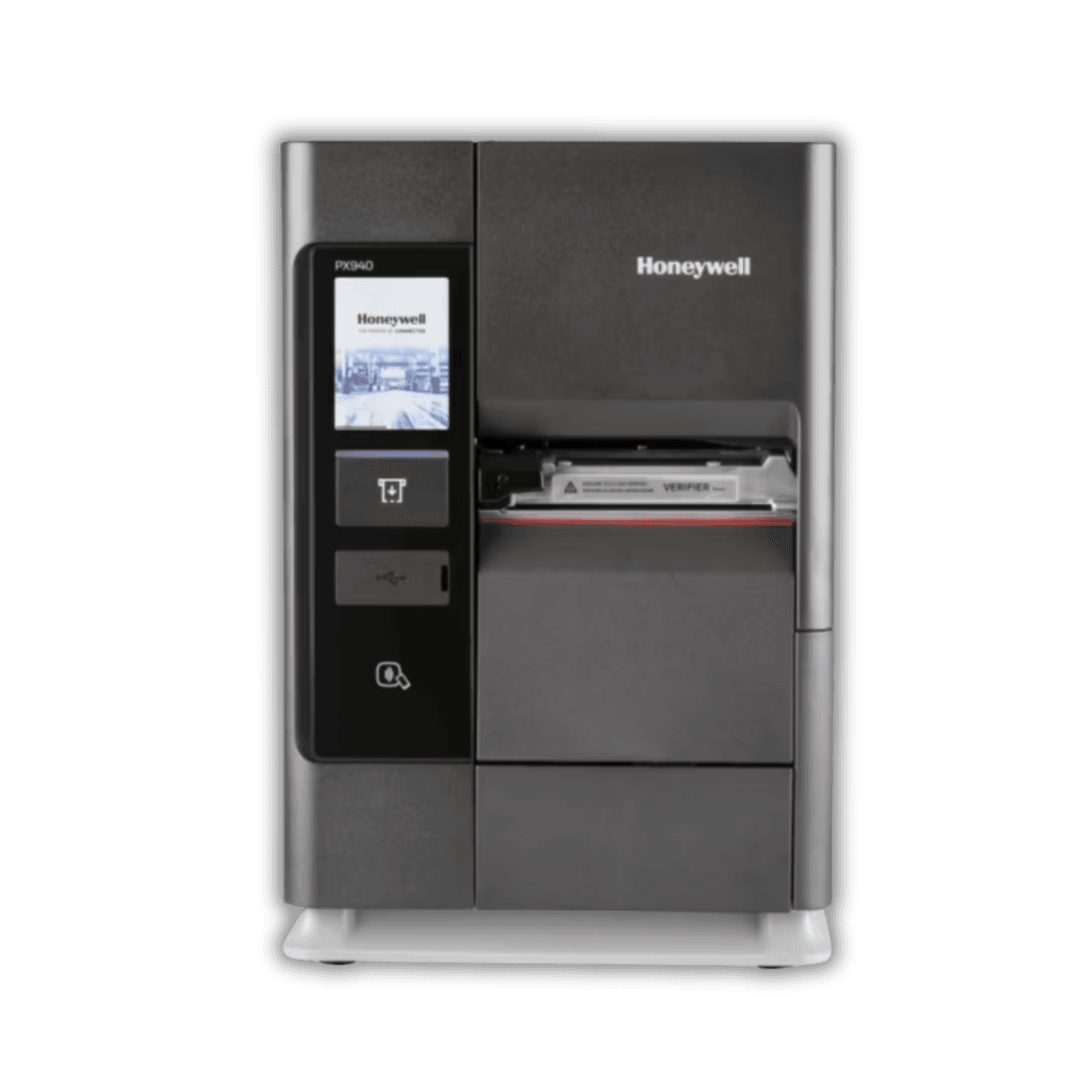 Honeywell PX940 — widok z boku, otwarta komora mediów z taśmą termotransferową