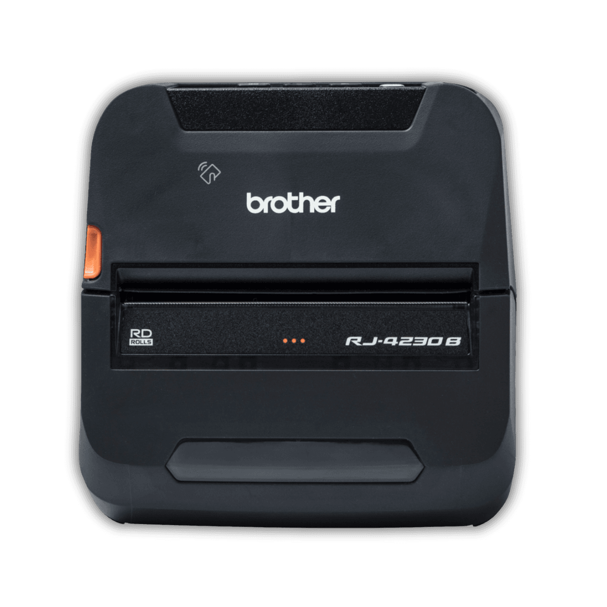 Brother RJ-4230B — widok z boku, klapka mediów i złącze USB mini-B