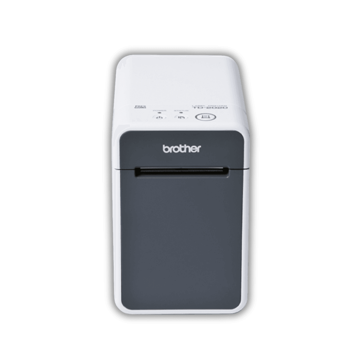 Brother TD-2020A — widok z góry, panel sterowania z przyciskami Power, Feed, Print