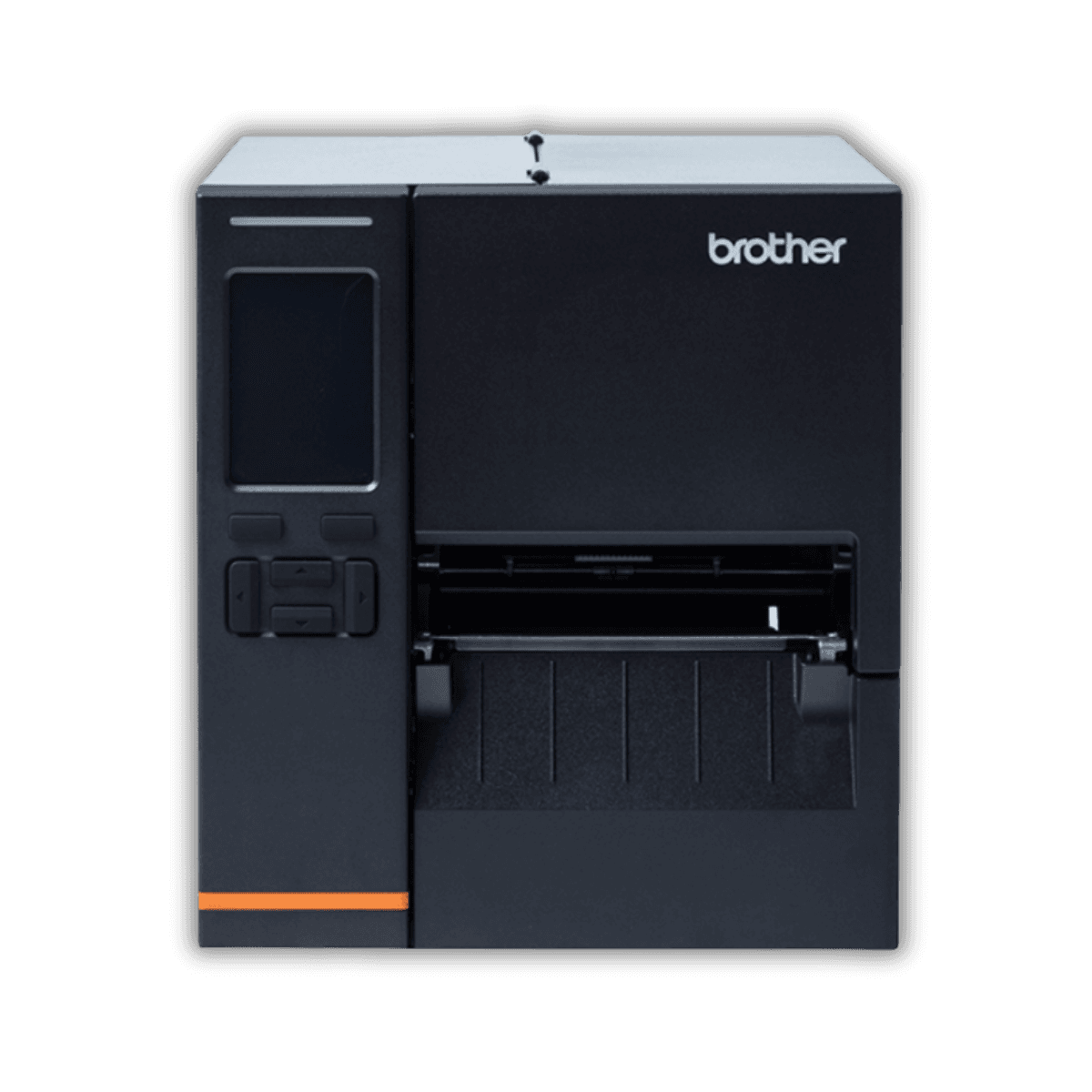 Brother TJ-4020TN — widok pod kątem, otwarta komora mediów z rolką etykiet i taśmą termotransferową 450 m