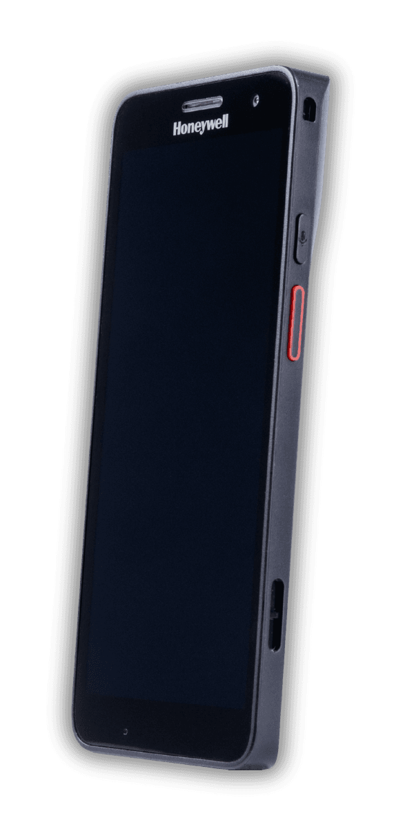 Honeywell CT37 — widok pod kątem z prawej, przyciski boczne i USB-C