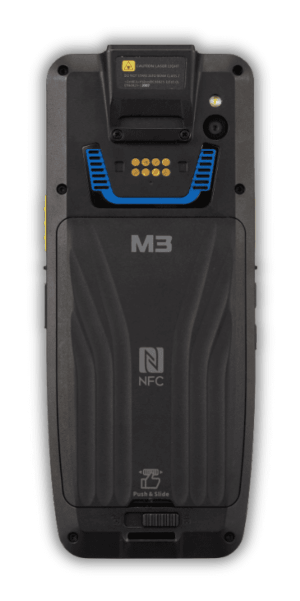 M3 SL20K — widok z tyłu, komora baterii z niebieskimi zatrzaskami, kamera tylna z diodą doświetlającą, logo M3 i NFC, teksturowana obudowa antypoślizgowa