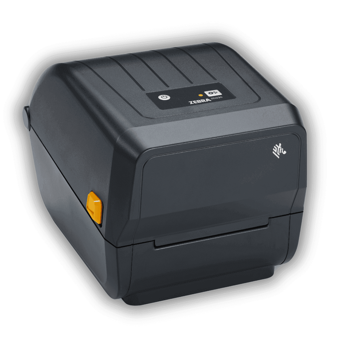 Drukarka etykiet Zebra ZD230t — widok z przodu z otwartą pokrywą OpenACCESS i taśmą barwiącą