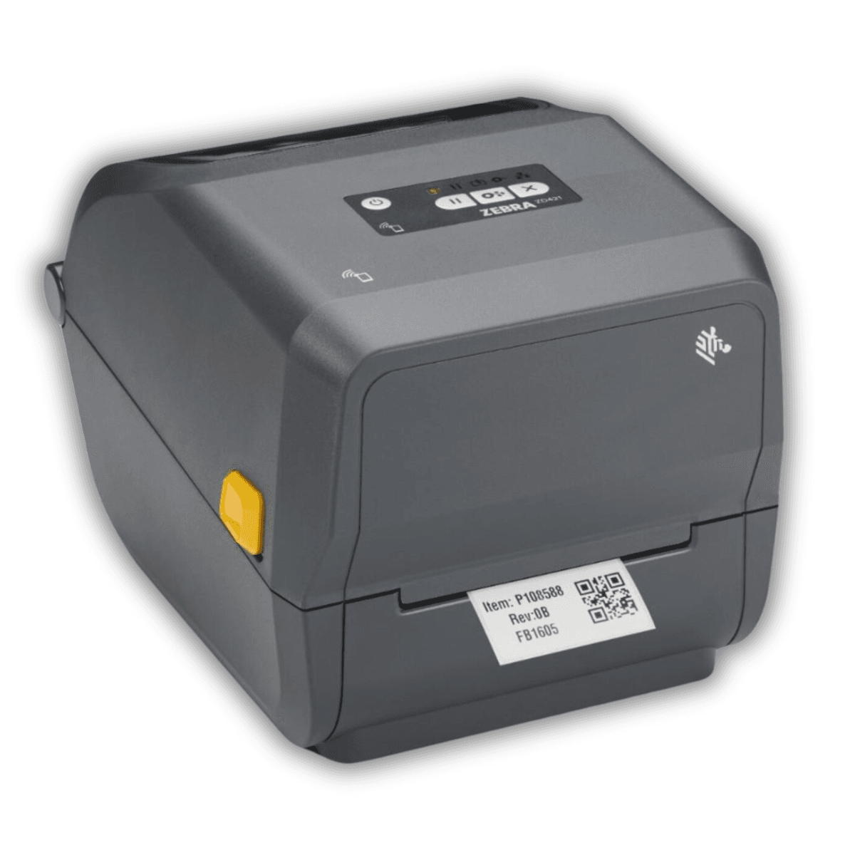 Drukarka etykiet Zebra ZD421t — widok z przodu z otwartą pokrywą i mechanizmem etykiet