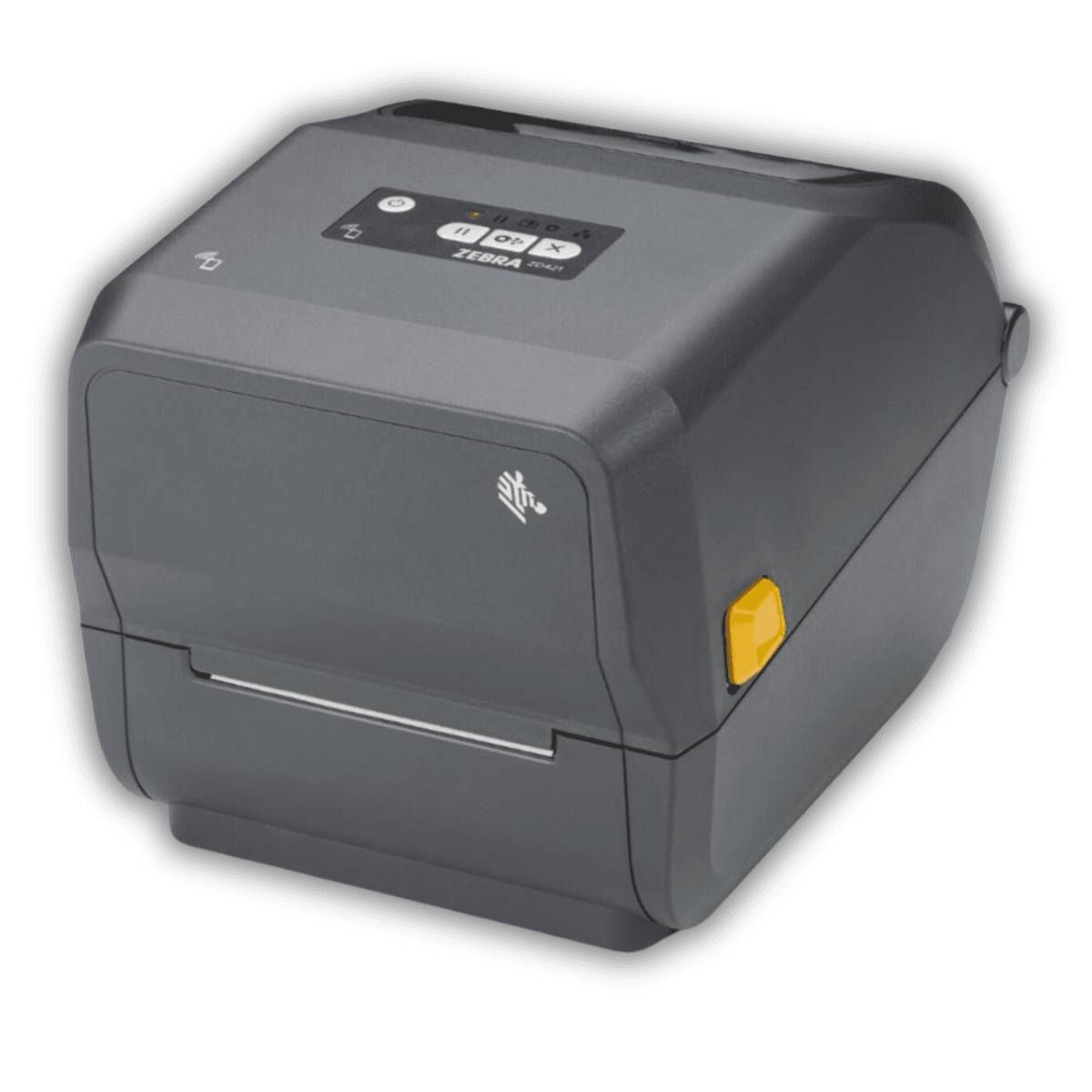 Zebra ZD421t — widok boczny z zamkniętą obudową i portami USB oraz Ethernet