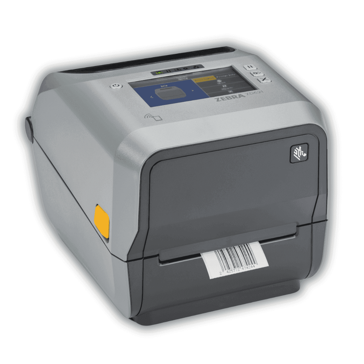 Drukarka etykiet Zebra ZD621t z kolorowym dotykowym wyświetlaczem LCD 4,3 cala — widok z przodu