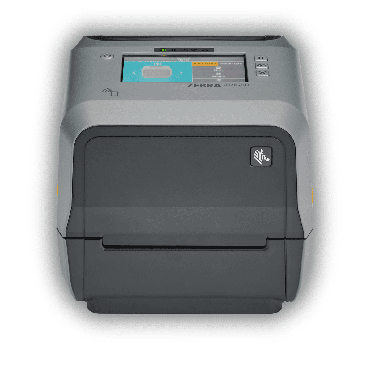 Zebra ZD621t z ekranem LCD — widok pod kątem, widoczne porty USB, Ethernet i RS-232