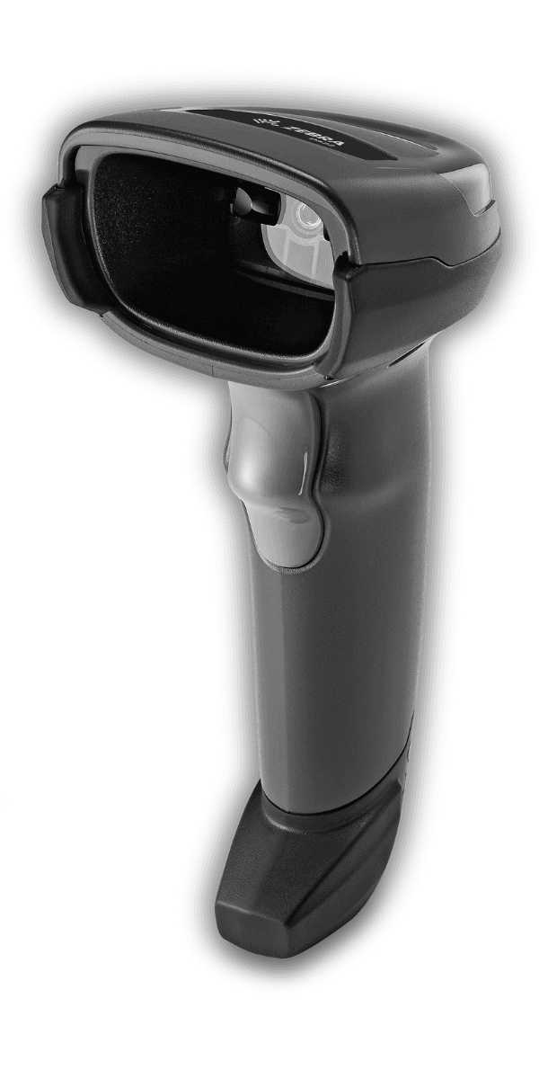 Zebra DS2208 czarny — widok z przodu, okno skanera i uchwyt ergonomiczny
