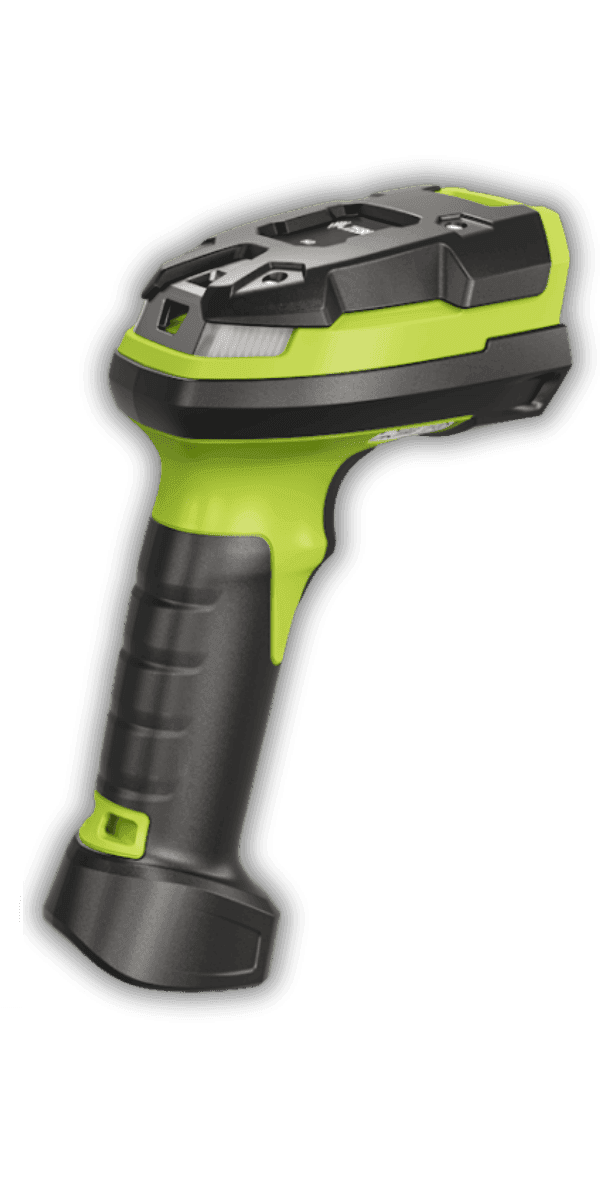 Zebra DS3608-HP zielony — widok z tyłu, ergonomiczny uchwyt z gumowaną nakładką