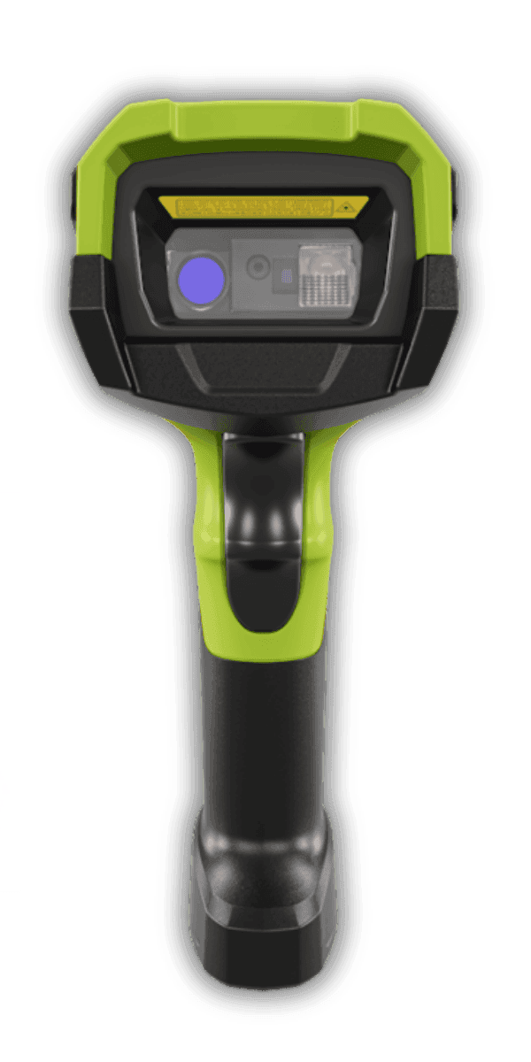 Zebra DS3608-XR zielony — widok z przodu, okno skanera z celownikiem laserowym i podwójnym sensorem