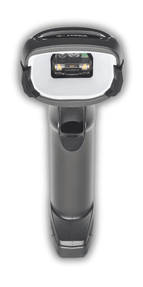 Zebra DS4678-DPE — widok z przodu, biały ring wokół okna skanera DPM z zielonym celownikiem