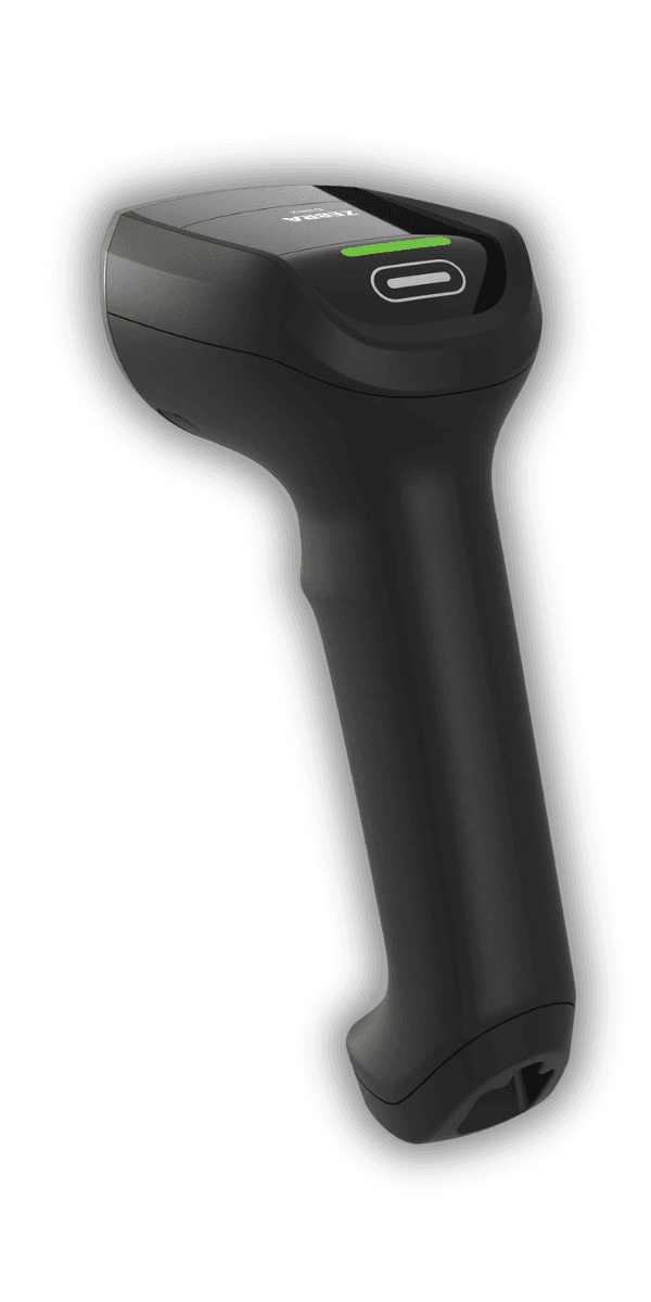 Zebra DS8208 czarny — widok z boku, zielona dioda LED i port USB-C