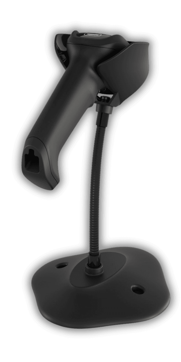 Zebra DS8208 czarny — na podstawce gooseneck, tryb hands-free na kasie