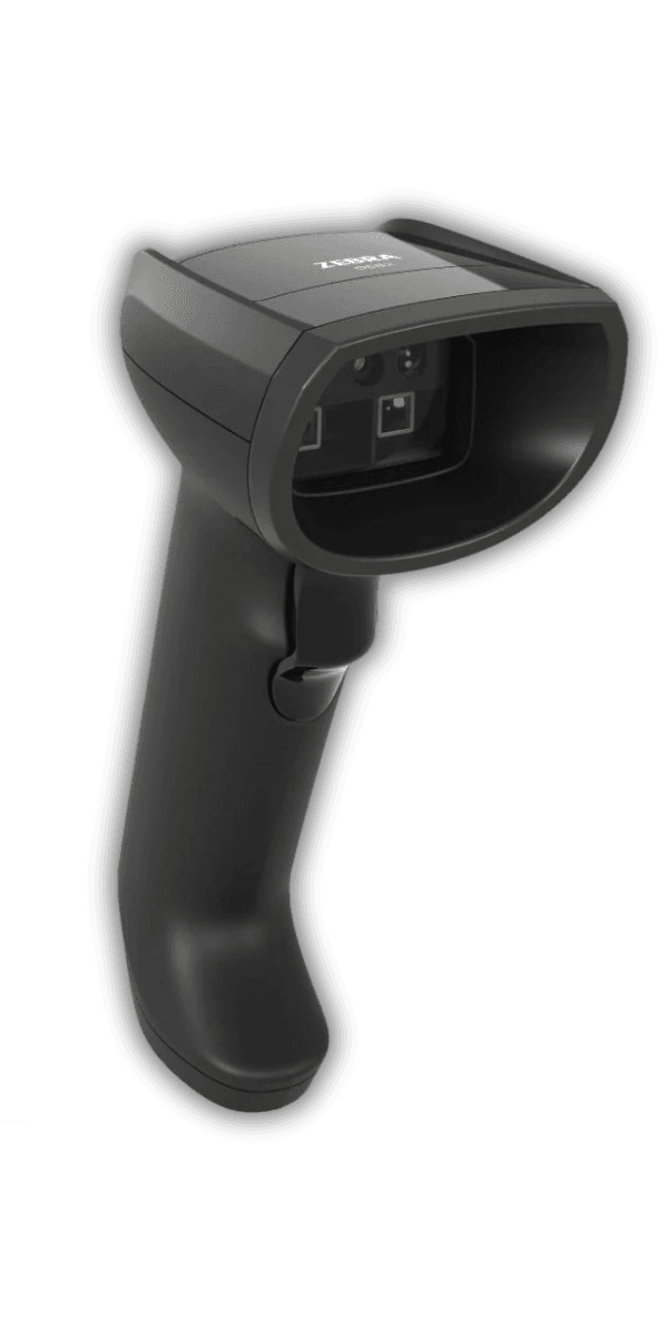 Zebra DS8208 czarny — widok z boku, okno skanera 2 MP PRZM i ergonomiczny uchwyt