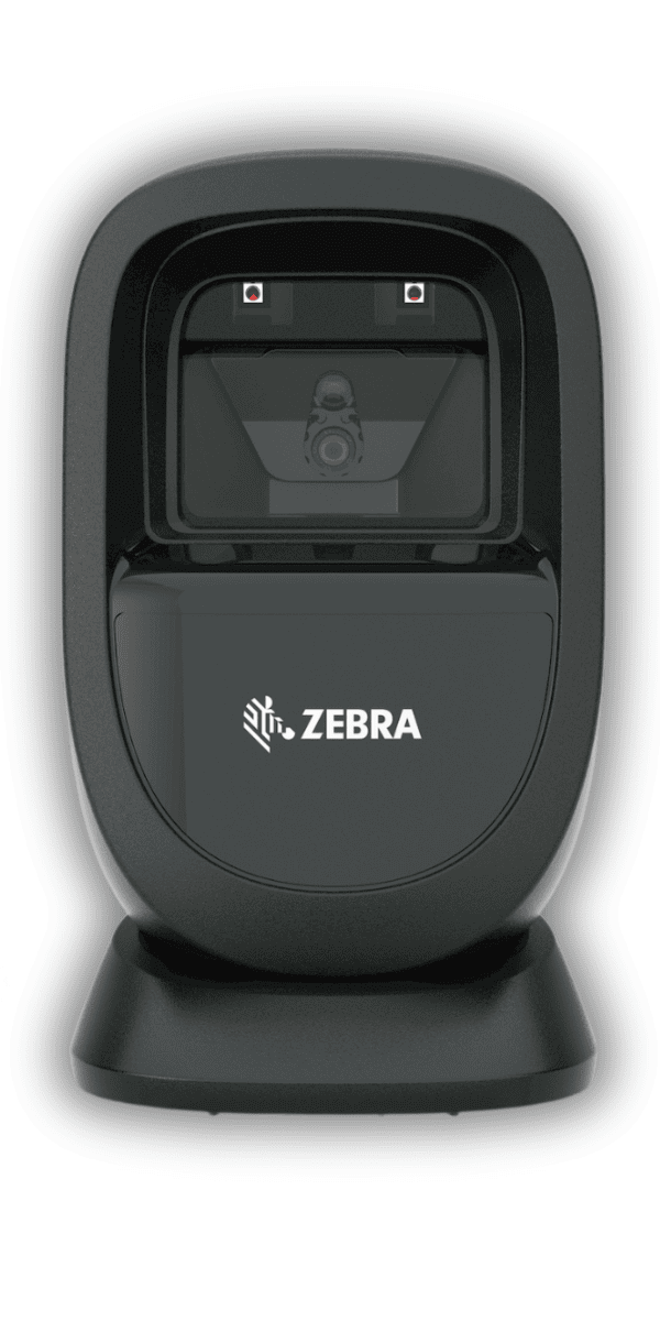 Zebra DS9308 Midnight Black — widok z przodu, kompaktowa obudowa prezentacyjna z zakrzywionym oknem skanera