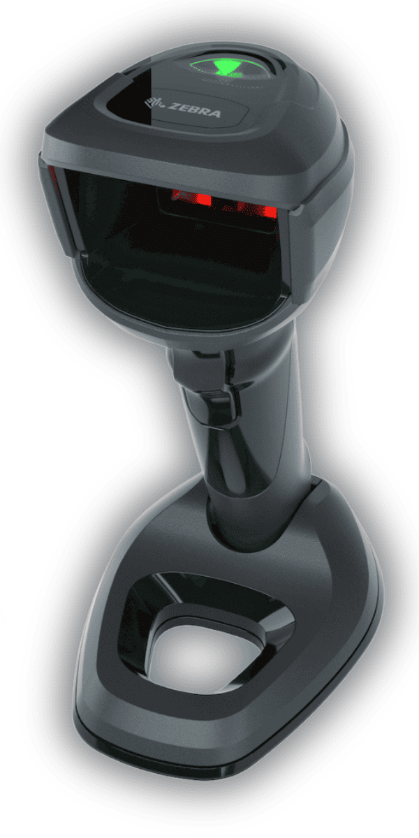 Zebra DS9908 — widok pod kątem, tryb ręczny z ergonomicznym uchwytem