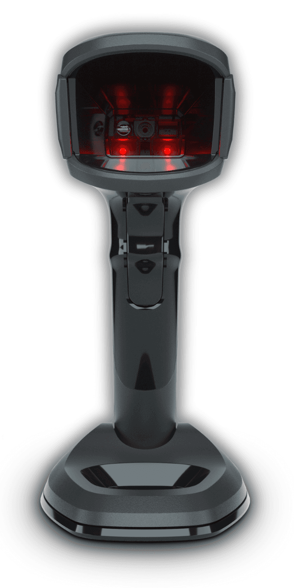 Zebra DS9908 — widok z boku, profil obudowy z podstawką Intellistand