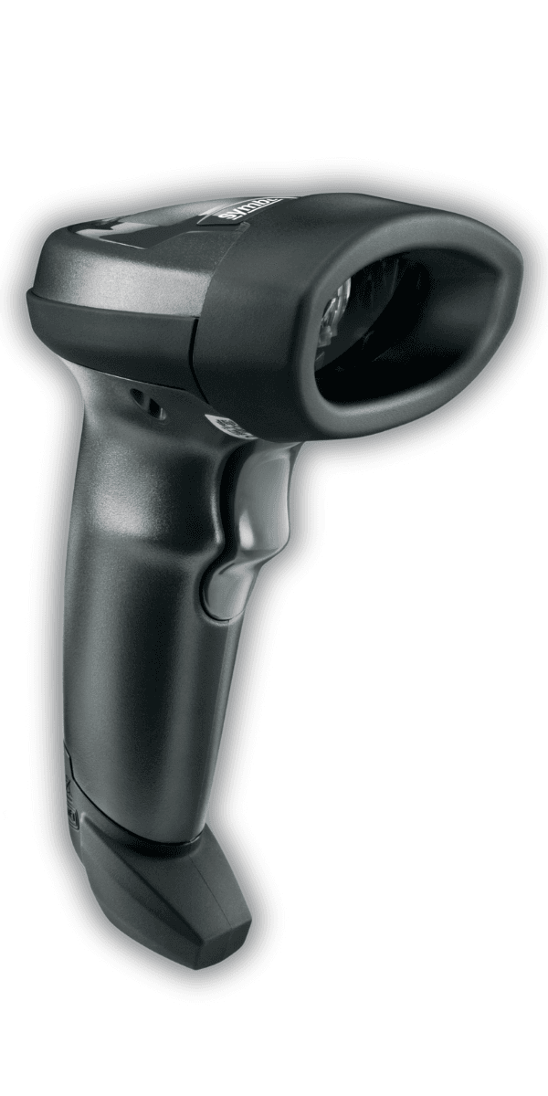 Zebra LI2208 czarny — widok z boku, okno skanera liniowego i logo Zebra