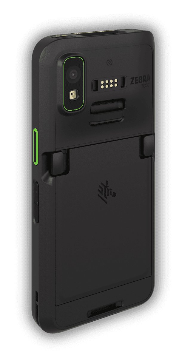 Zebra TC501 — widok z tyłu od lewej, moduł kamery 50 MP, złote kontakty baterii i logo NFC