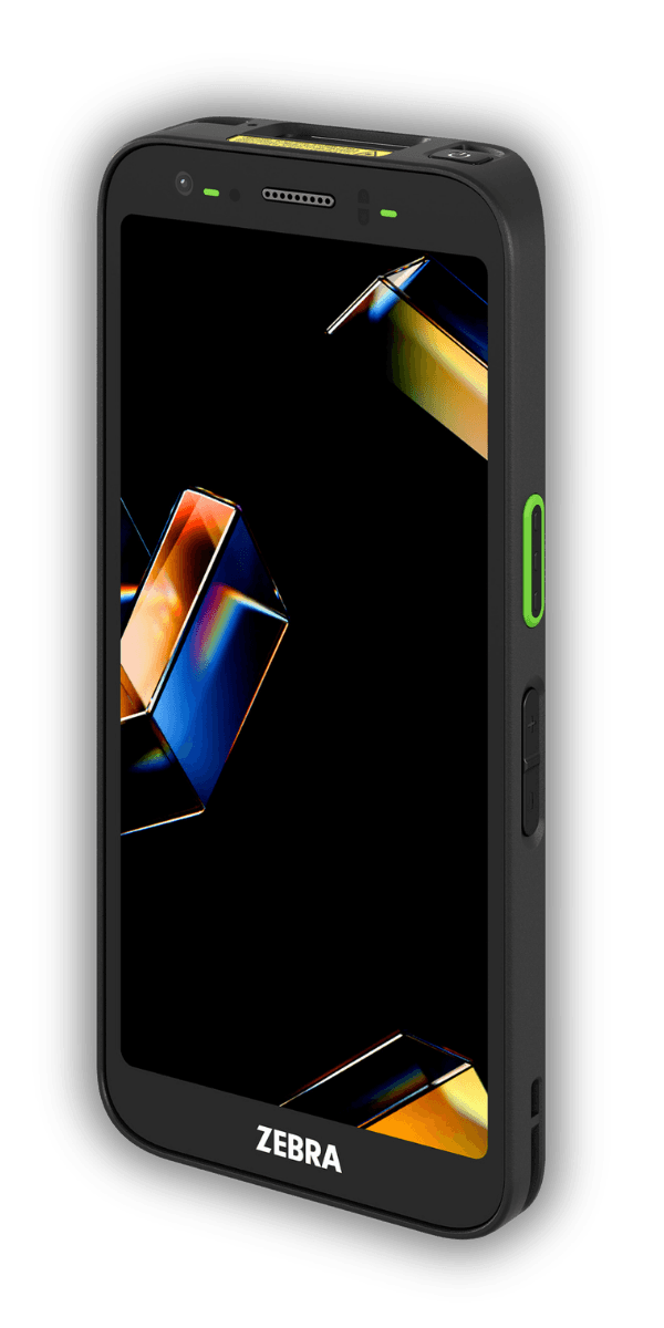 Zebra TC501 — widok z przodu pod kątem od lewej, ekran AMOLED i zielony przycisk skanera z boku
