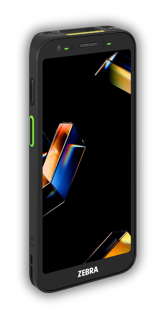Zebra TC501 — widok z przodu pod kątem od prawej, ekran AMOLED i zielony przycisk zasilania z boku