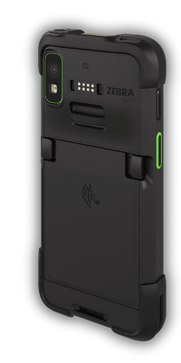 Zebra TC701 — widok z tyłu, moduł kamery 50 MP, kontakty baterii hot-swap i logo Zebra