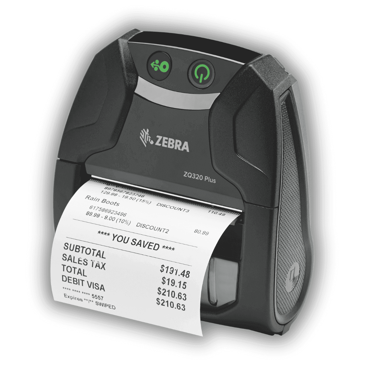 Zebra ZQ320 Plus — widok z boku, port USB-C i otwór na rolkę 80 mm