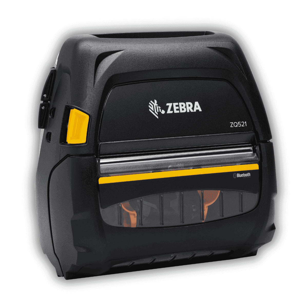 Mobilna drukarka etykiet Zebra ZQ521 — widok z przodu, 4-calowa szerokość druku, żółty mechanizm otwierania