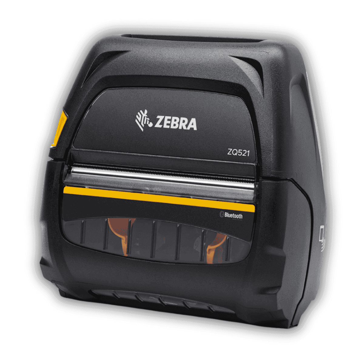 Zebra ZQ521 — widok z boku z otwartą komorą na etykiety 4", widoczna głowica drukująca