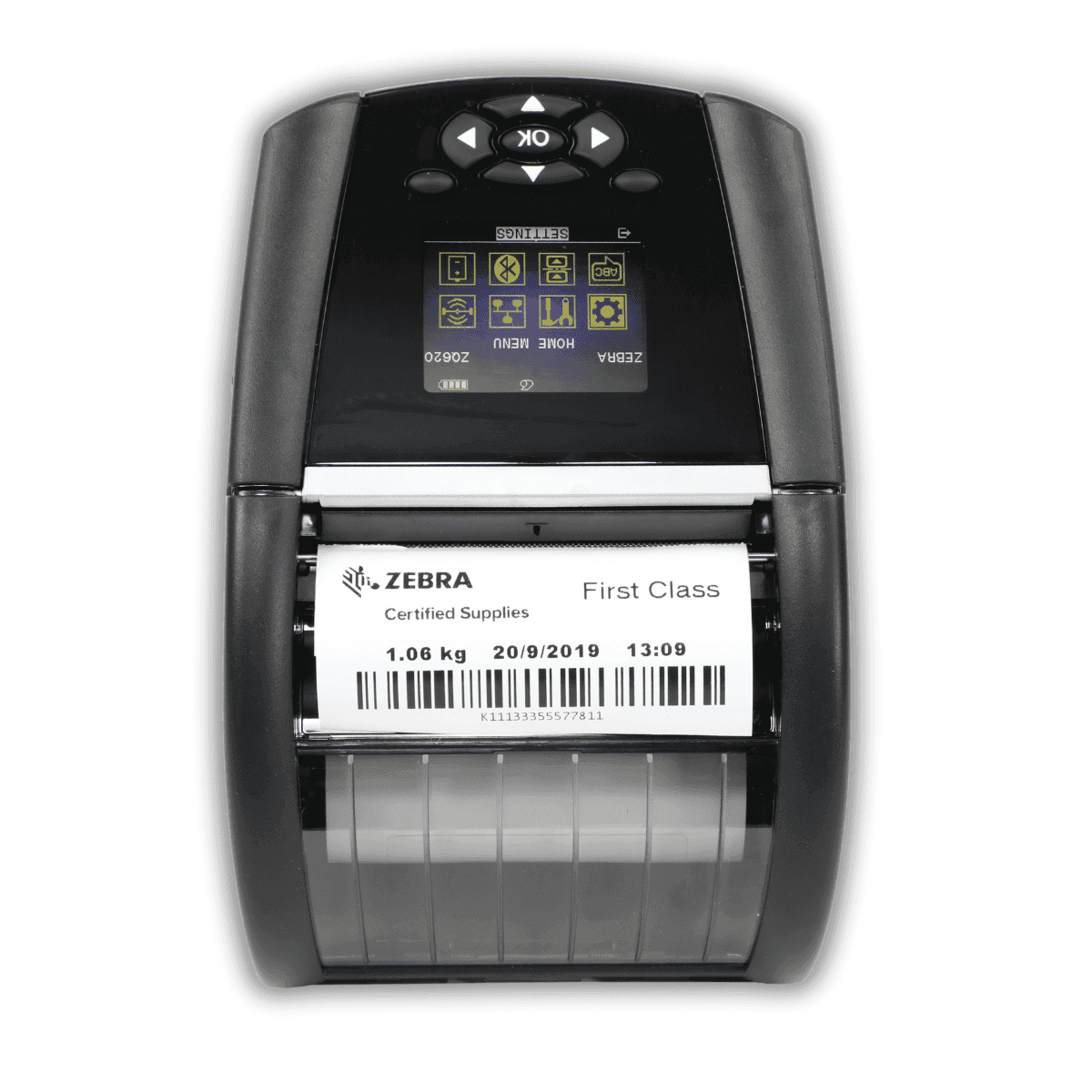 Zebra ZQ610 Plus — widok boczny z klipsem do paska i portem USB